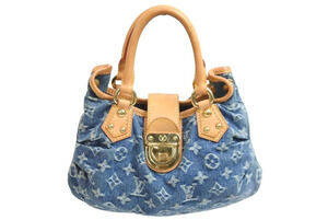 Louis Vuitton Pleaty Handbag Monogram Denim Leather Blue Brown Gold